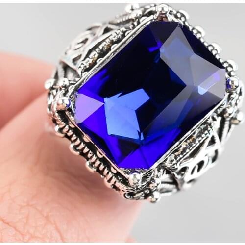 Luxury Large Dark Blue Crystal Stone Ring Vintage Silver Color Rings for Men Women Carving Chunky Knuckle Finger Rings Jewelry