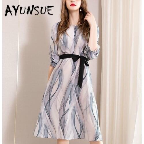 Real Silk Dress Women Spring Summer Dress Korean Office Lady Midi Dress Elegant Party Dress Vestidos Mujer ML19410 YY2669