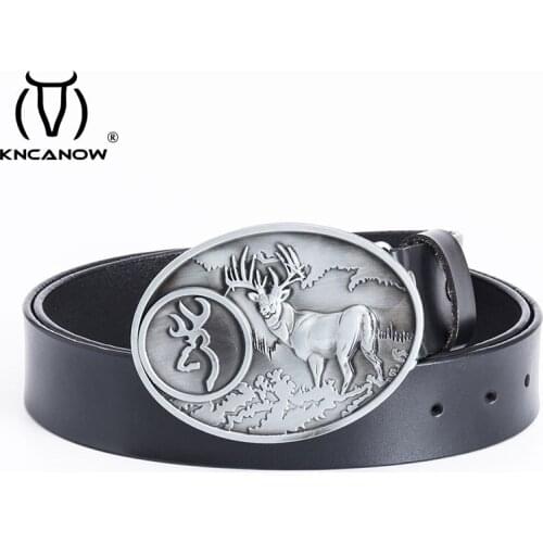 New 2021 Mens Genuine Leather Belt Black Fashion Gold Oval Round Deer Buckle Metal Smooth Trouser Waist Straps Cowskin Belts