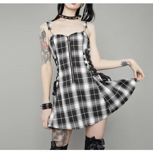 Ruibbit Mall Goth Black Plaid Dress Y2K Academia Bandage A Line Dress Harajuku Streetwear High Waist Sexy Backless Mini Dress