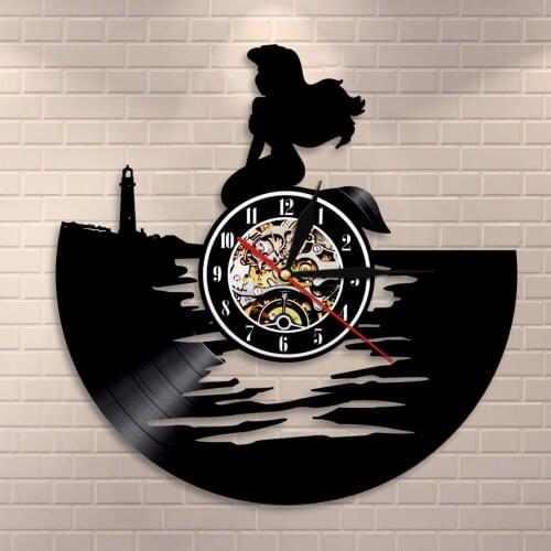 Mermaid Home Decor Ariel Mermaid Wall Clock Nursery Wall Art Magical Sea-maid Vinyl Record Wall Clock Cartoon Gift For Kids