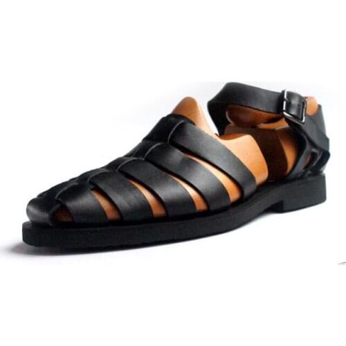 Summer men sandals Black leather Buckle Cowhide hand-made casual platform black sandals Hollow out Roman shoes zapatos de homb
