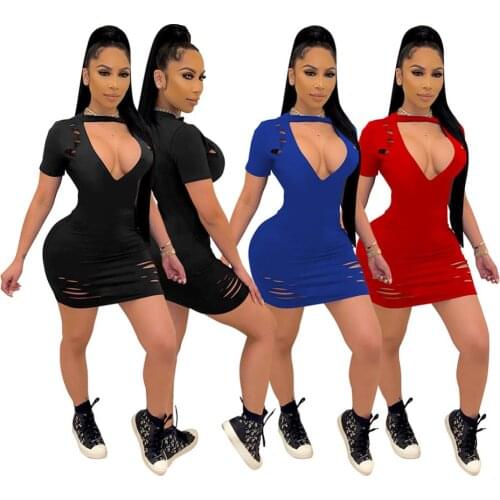 Sexy Crew Pullovers Deep V Hollow Out One Step Skirts Short Sleeve Ripped Hole Slim Mini Dress Women Night Party One Piece Dress