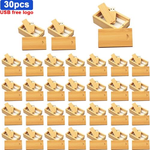 Wholesale 30pcs free custom logo Wooden rotatable +box USB wood usb 2.0 flash drive pendrive 4GB 8gb 16GB 32GB 64GB 128GB u disk