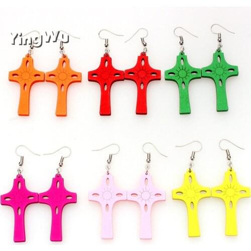 Yingwu 12pairs Lot Simple Cross Wooden Long Drop Earrings For Women Natural Splicing Hollow Wood Earrings Jewelry