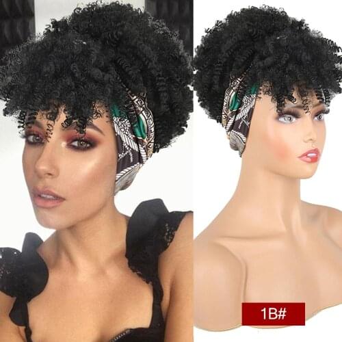 Drawstring Afro Kinky Curly Wig Synthetic Short Wig With Bangs Turban Wrap-wig 2 in 1 Afro Puff Headband Wig for Black women