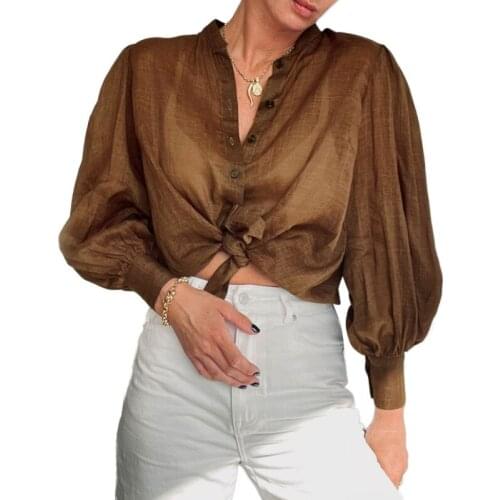 Womens Autumn Casual Puff Sleeve Shirt Fashion See Through Solid Color Stand Collar Single-breasted Cardigan