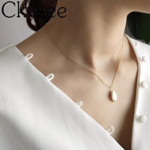 Ckysee News Real 925 Sterling Silver Baroque Shaped Pearl Pendant Gold Necklace For Fashion Women Minimalist Fine Charms Jewelry