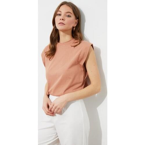 Salmon Sleeveless Basic Knitted T-Shirts Uniform Seamy Casual Cut And Cloth Summer Women Fashion