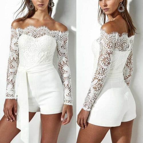 Womens Lace Long Sleeve Off Shoulder Party Jumpsuit Romper Shorts Club Playsuit Summer Sexy Fashion White Solid Color