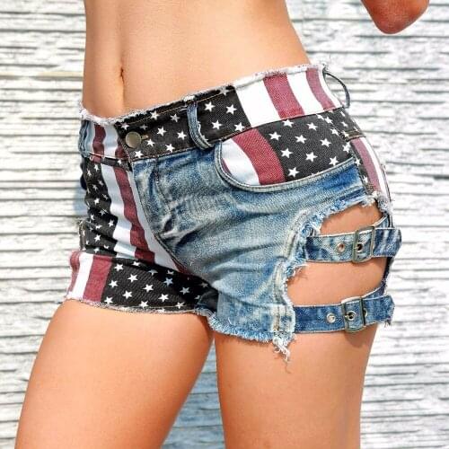 New Sexy Womens High Waist Hole Jeans Shorts American Flag Printed Daisy Duke Ripped Denim Shorts jean shorts