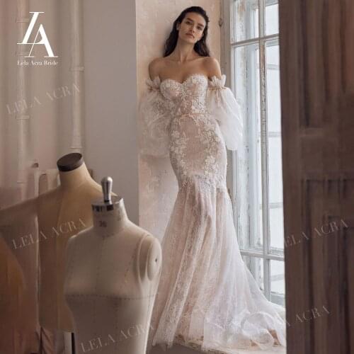 LelaAcra Strapless Wedding Dress 2022 Appliques 2 In 1 Puff Sleeve Backless Mermaid Princess Bride Gowns R104 Vestido de Noiva