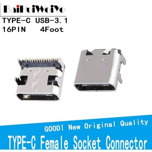 20Pcs/LOT USB TYPE-C 16Pin Female Socket Connector 4 Foot For Tail Charging Mobile Phone OX Horn Type SMT USB 3.1 TYPE C