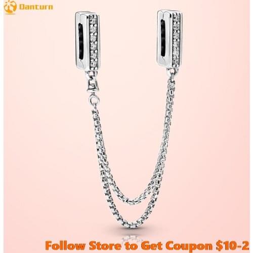 Authentic 925 Sterling Silver Beads Sparkling Safety Chain Clip Charms fit Original Pandora Bracelets Women DIY Jewelry