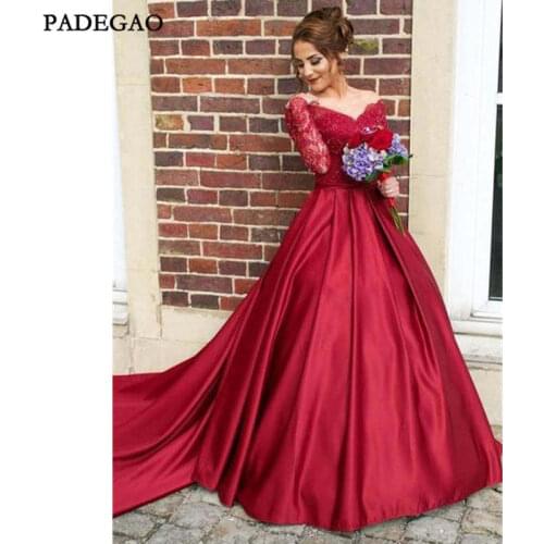 Elegant Red Evening Dresses Long A-Line Lace Appliques Long Sleeves Prom Dress Sweep Train Stain Evening Dress Custom Made