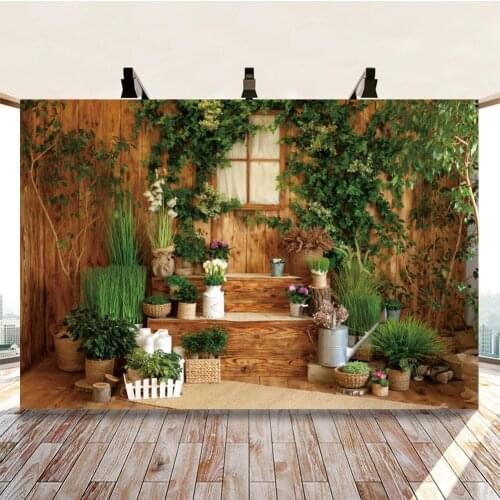 Wooden Wall Windows with Green Vines and Potted Plants Backdrops Photo Background Decorations for Birthday Photography Props
