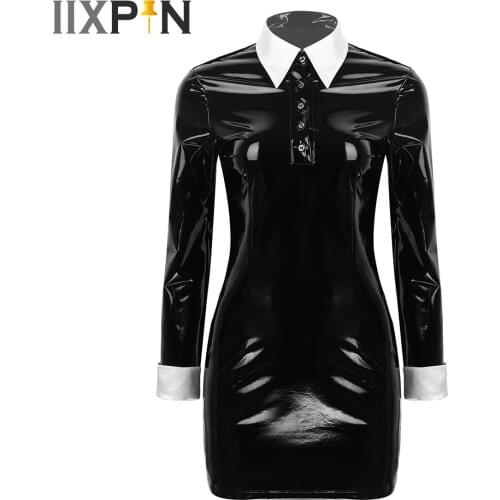 Gothic Women Black Patent Leather Zipper Mini Dress Adults Wet Look Long Sleeves Bodycon Femme Clubwear Evening Party Dresses