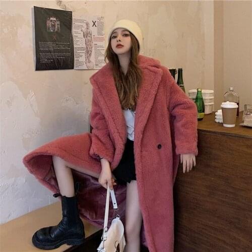 Jacket Women Faux Fur Coat Red Woolen Long Coat Fleece-Lined Thickened Winter Trendy Overcoat Veste Femme