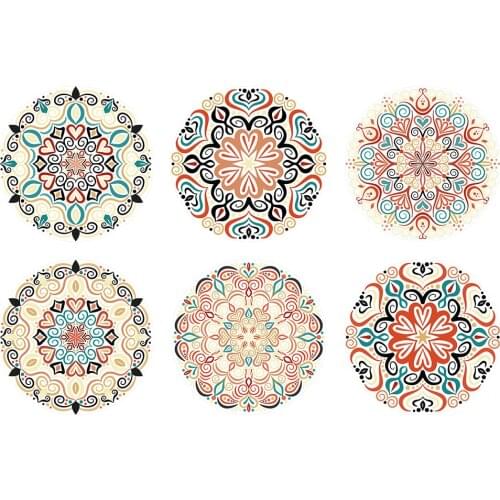 Set of 6 Round Pieces Mandala Patterns Acrylic Drink Coasters Flower Design Cup Mats Tabletop Protection Home Bar Kitchen Decor