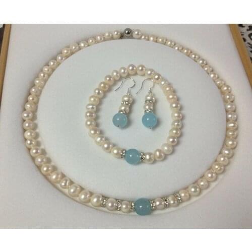 7-8mm White Pearl & 8mm Blue Aquamarine Necklace 18'' Bracelet 7.5'' Earring Set