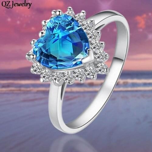 Romantic Love Heart Crystal Rings Blue Stone Crystal Zircon Finger Ring for Women Girls Engagement Wedding Ring Jewelry Gifts