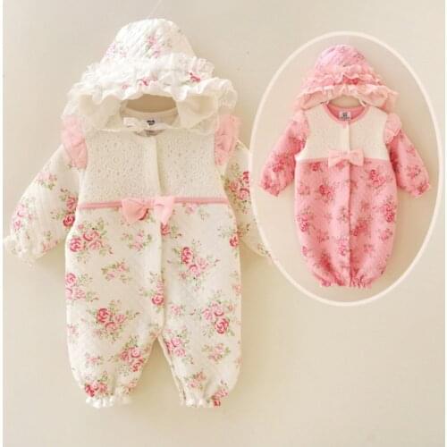 100% Cotton Newborn Baby Thickening Flower Romper hat Clothes Sets 0-10 Month Long Sleeve Bowtie Kids Girl Sleepwear Overalls
