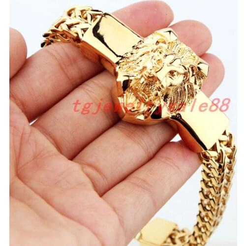 High Quality Gold Color Figaro Rolo Chain With Stainless Steel Lion Head Bracelet Fashion Mens Cuff Jewelry 15mm*8.66"