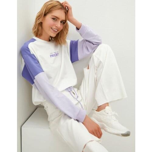 Crew Neck Printed Long Sleeve Womens Cotton Thin Fabric Sweatshirt Nonhooded Low-Shouldered Casual Street Style