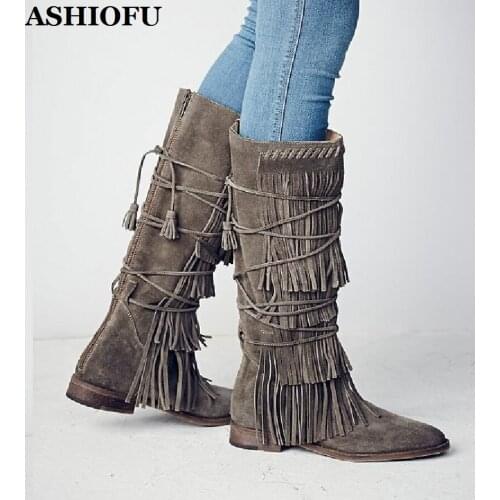 ASHIOFU Handmade Retro Womens Flat Boots Fringed&Tassels Sexy Party Prom Mid-calf Boots Evening Winter Fashion Half Boots Shoes