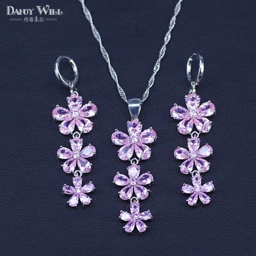 Pink Stones White Zircon Women silver color Jewelry Sets Earrings/Pendant/Necklace For Bridal Set Free Box