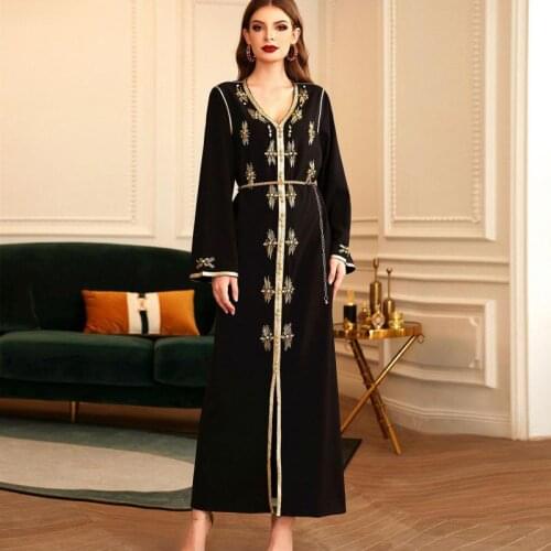 Abaya Heavy Industry Hand-stitched Phnom Penh V-neck Gold Tube Rhinestone Luxury Ladies Robe Middle East Party Festival Dress