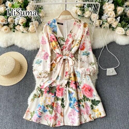 2021 spring new women V collar Singe breasted flower print chiffon A-line dress female Chic elegant waist dresses