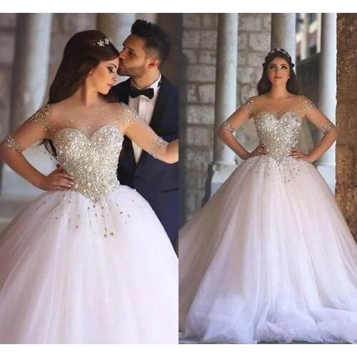 Vestidos De Noiva Luxury Bead Crystal Half Sleeves Wedding Dresses 2021 Sheer Back Tulle Ball Gown Arabic Dubai Bridal Dress