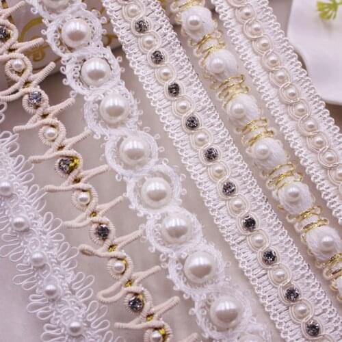 1yards/Lot White Pearl Beaded Lace Ribbon Lace Trim White Lace Fabric Ribbon Beaded Fringe Handmade Sewing Clothing Accessories