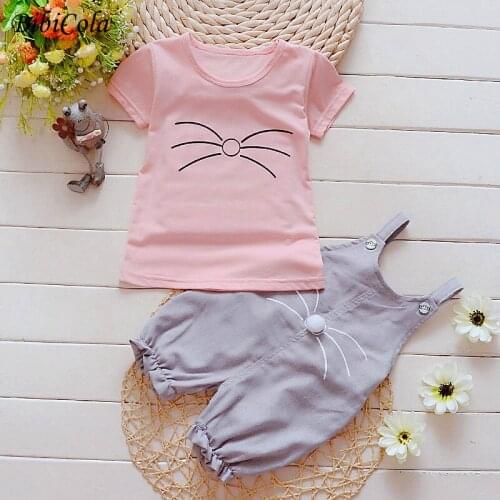 2Pcs Toddler Baby Summer Girls Clothes Solid color short sleeve T shirt+ Overalls Girls Outfits Kids Clothing For Girls Sets