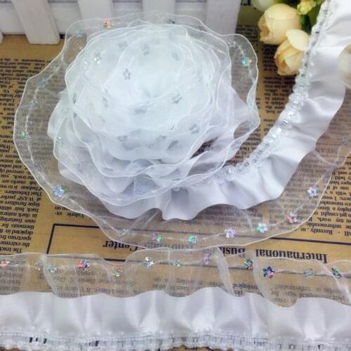 5yds 3-Layer 45mm Wide Organza Lace Gathered Pleated Sequined Trim U Pick