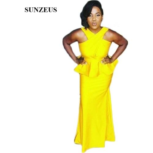 African Bridesmaids Dresses Long Yellow Jersey Bridesmaid Gowns With Peplum Wedding Party Dresses vestido longo SAU386