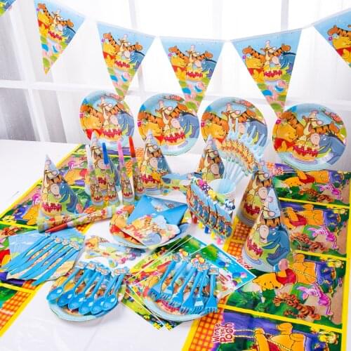 Disney Winnie the Pooh birthday party supplies Cartoon Theme Set Baby Shower Set supplies cups Plate Straw Tablecloth Dinner Set