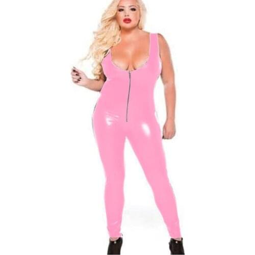 17 Colors Low Cut Zipper Front Bodycon Jumpsuit Women Sleeveless Sexy Catsuit Stretchy Faux Leather Jumpsuit Club Party Romper