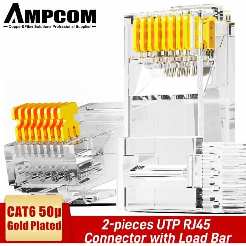 AMPCOM CAT6 RJ45 Modular Plug Connector UTP 50μ Gold-Plated Two-Pieces 8P8C Crimp End for Ethernet Cable, Bulk Ethernet Cable
