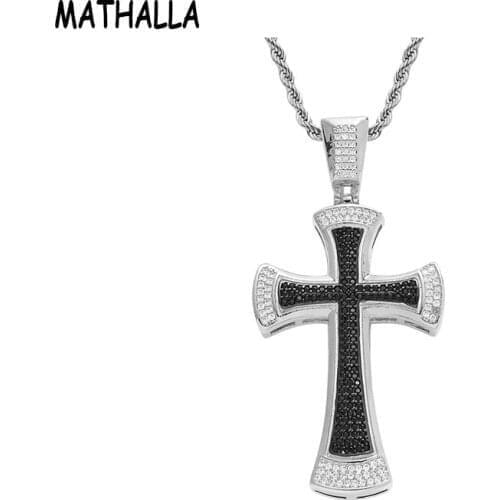 MATHALLA Punk Copper Two Tones Mens Iced Out Cubic Zircon Cross Pendant Hiphop Micro Paved CZ Black Cross Pendant Necklace