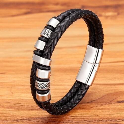 Retro Style Double Stitching Combination Small Accessories Stainless Steel Mens Leather Bracelet Promotional Price For Gift