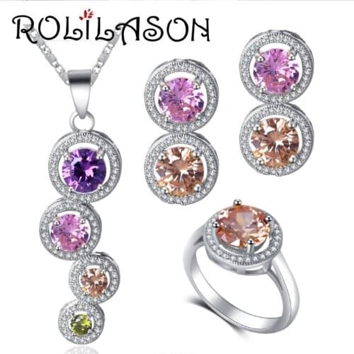 ROLILASON Multicolor zircon health earrings necklace pendant ring size jewelry set #5.5#6#7# 8#9#9.5#10 JS708