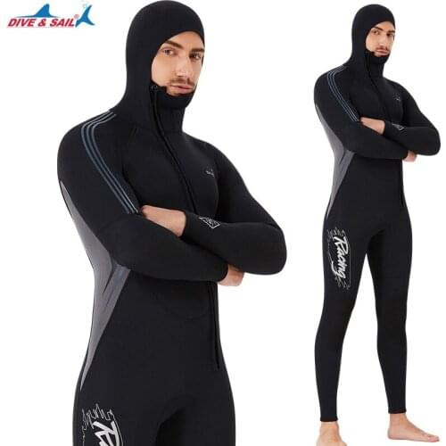 DIVE&SAIL 3mm Oblique Zipper Long Sleeve Hooded Neoprene Submersible Spearfishing Suit for Men Keep Warm Waterproof Diving Suit
