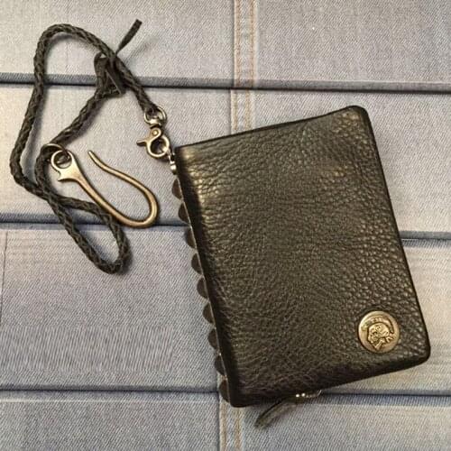 2019 New Fashion rivet genuine leather wallet men wallet short male purse chain vertical zip around money bag