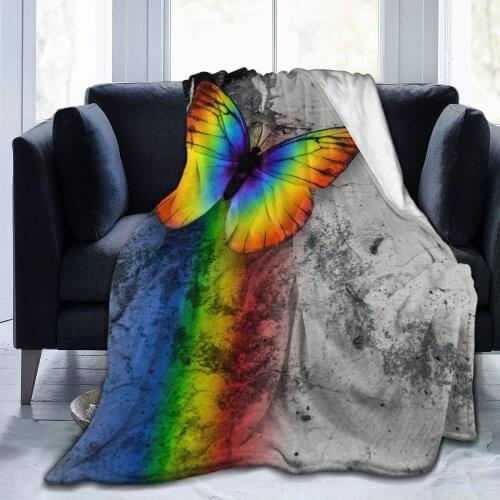 Bright Rainbow Butterfly On Monochrome Grange Wall Ultra Soft Micro Fleece Blanket for Men & Women All Season Warm Fluffy