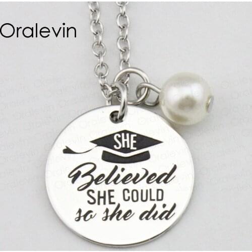 SHE BELIEVED SHE COULD SO SHE DID Inspirational Hand Stamped Pendant Necklace Jewelry Gift For Graduation,10Pcs/Lot, #LN2362