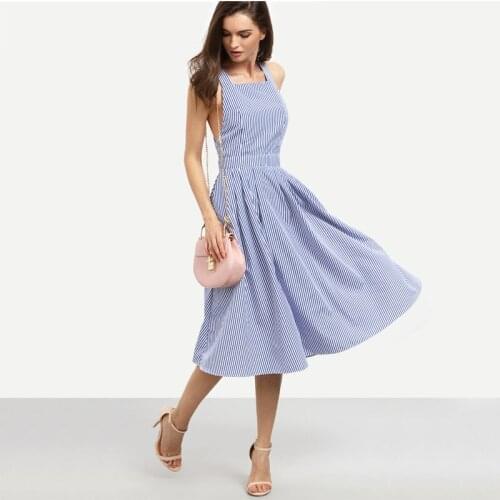 Customize Women Sexy Cotton Midi Dresses Summer Blue Striped Square Neck Sleeveless Crisscross Back Plus Size A Line Dress