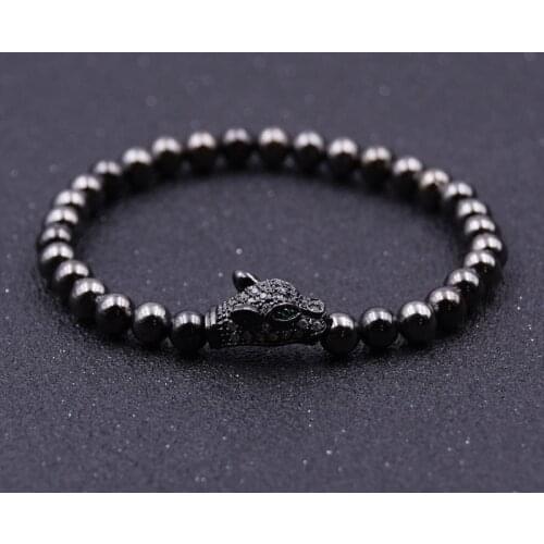 2021 Luxury Leopard Head Charm Mens Bracelet Micropavé Zircon Retro 6MM Copper Bead Stranded Wire Bracelet Mens Jewelry Gift