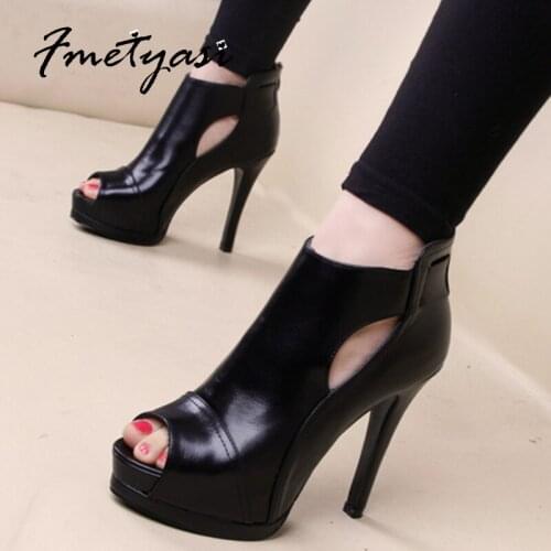 Black Womens Sandals Zip Heels Patent Leather Sewing Pumps Super High Heels Round Peep Toe Summer Shoes Slip-on Thin Heels